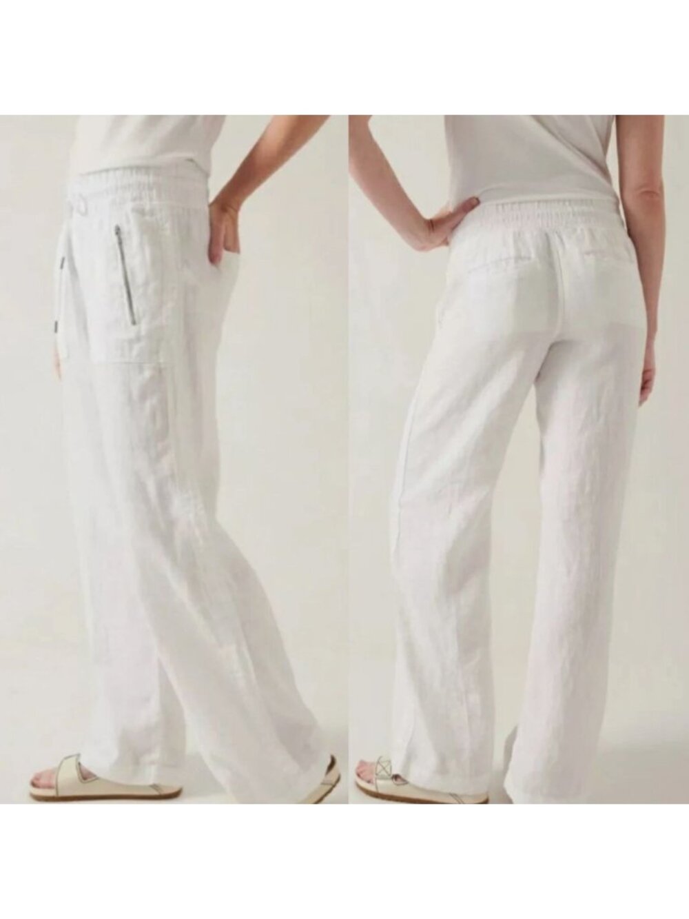 Athleta Pull On 100% Linen Pants White High Waisted Minimalist  Beach Coastal 22